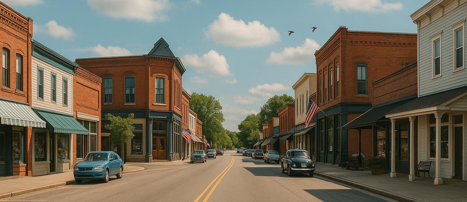 A quiet small-town main street with storefronts and American flags.